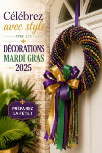 Décorations colorées pour célébrer Mardi Gras en 2025.