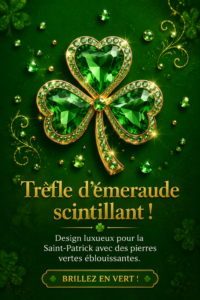 Une table de fête décorée de gemmes vertes pour la Saint-Patrick.