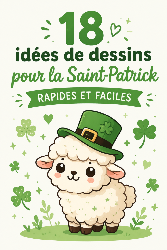 Un collage d'idées de dessins simples pour la Saint-Patrick, incluant des trèfles et des chapeaux.