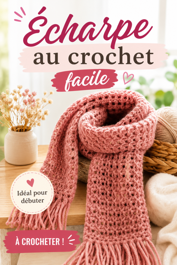 Écharpe au crochet en laine grise posée sur une table en bois.