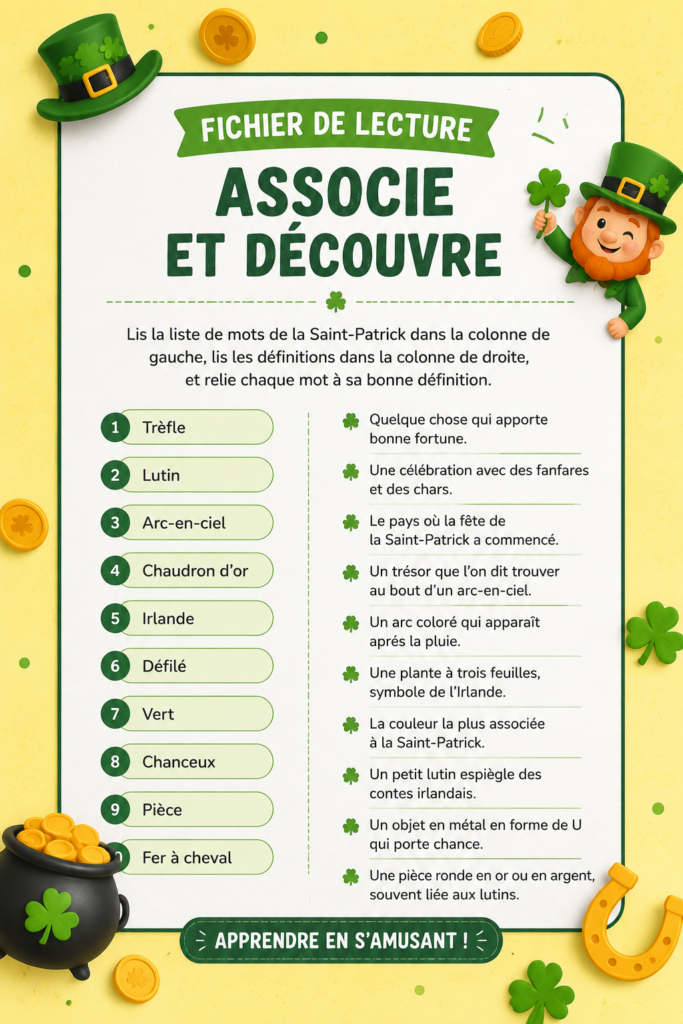 Fiches d'activités pour la Saint-Patrick avec des illustrations colorées