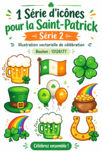 Un ensemble d'icônes festives pour la Saint-Patrick, incluant un chapeau de leprechaun et un trèfle.