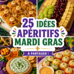 Une table décorée avec divers apéritifs colorés pour célébrer Mardi Gras.