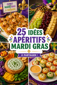 Une table décorée avec divers apéritifs colorés pour célébrer Mardi Gras.