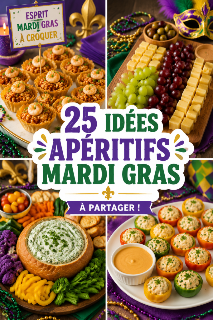 Une table décorée avec divers apéritifs colorés pour célébrer Mardi Gras.