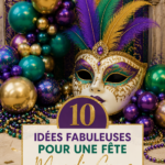 Une table décorée pour une fête de Mardi Gras avec des couleurs vives et des masques.