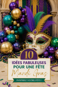 Une table décorée pour une fête de Mardi Gras avec des couleurs vives et des masques.