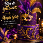 Gâteau festif pour Mardi Gras décoré de couleurs vives et d'ornements à thème.