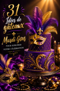 Gâteau festif pour Mardi Gras décoré de couleurs vives et d'ornements à thème.
