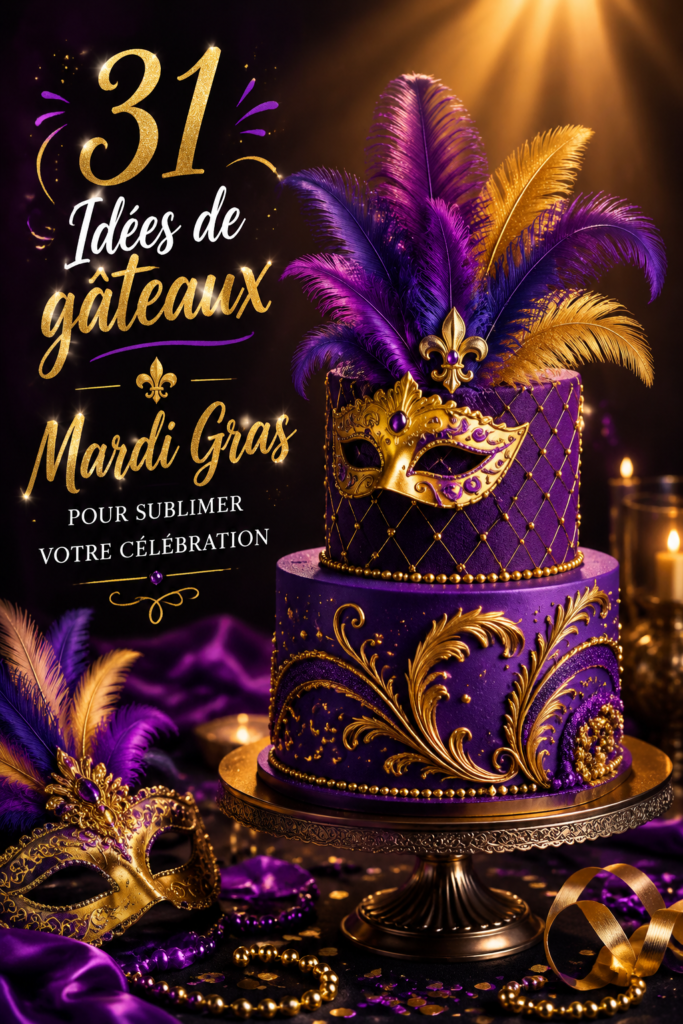 Gâteau festif pour Mardi Gras décoré de couleurs vives et d'ornements à thème.