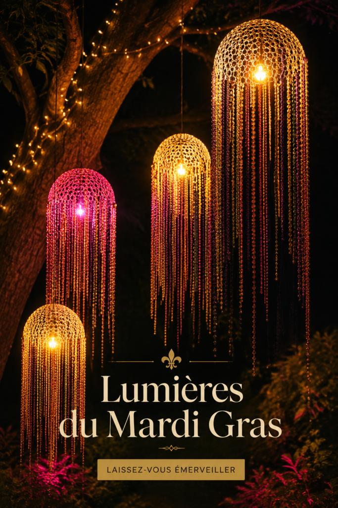 Décorations lumineuses colorées pour célébrer Mardi Gras.