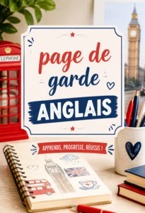 Page de garde anglaise colorée pour cahier scolaire.