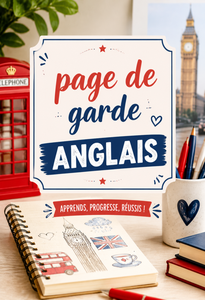 Page de garde anglaise colorée pour cahier scolaire.