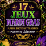 Mardi Gras, fête colorée avec des jeux et une ambiance festive.