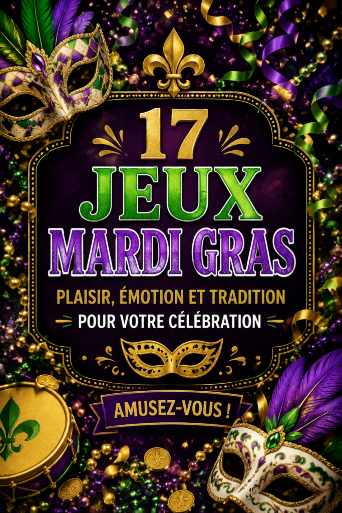 Mardi Gras, fête colorée avec des jeux et une ambiance festive.