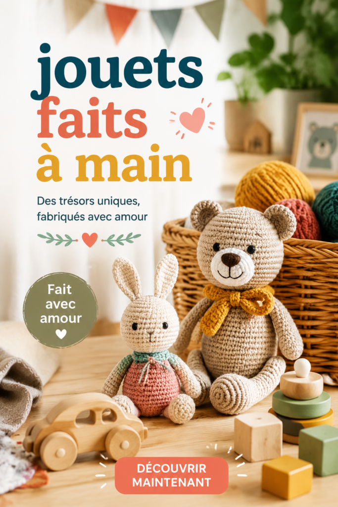 Une sélection de jouets faits à main présentés sur une table, mettant en avant leur diversité et créativité.