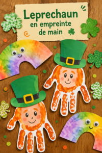 Un leprechaun coloré fait avec l'empreinte de main d'un enfant sur un fond créatif