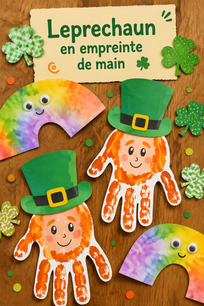 Un leprechaun coloré fait avec l'empreinte de main d'un enfant sur un fond créatif