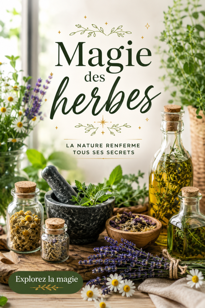 Un assortiment d'herbes fraîches sur une table en bois, représentant la magie des plantes
