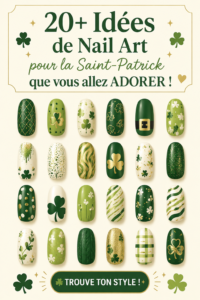 Un tableau de designs de manucure inspirés par la Saint-Patrick avec des couleurs vertes et dorées