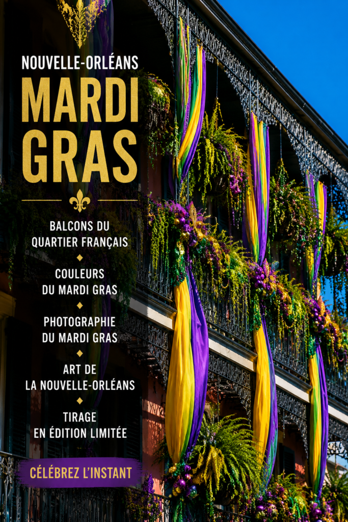 Balcon coloré décoré pour Mardi Gras à La Nouvelle-Orléans