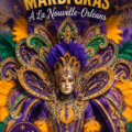 Célébration colorée du Mardi Gras à la Nouvelle-Orléans, avec des costumes et des décorations typiques.