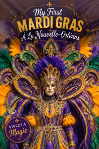 Célébration colorée du Mardi Gras à la Nouvelle-Orléans, avec des costumes et des décorations typiques.