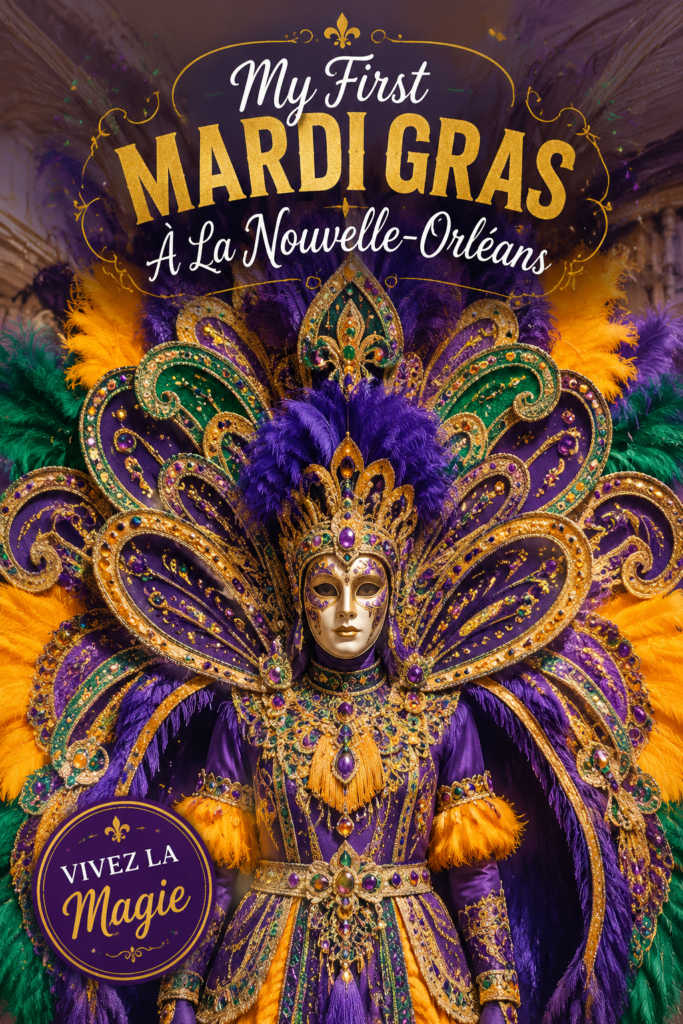 Célébration colorée du Mardi Gras à la Nouvelle-Orléans, avec des costumes et des décorations typiques.