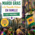 Famille profitant des festivités de Mardi Gras à la Nouvelle-Orléans, entourée de couleurs et de costumes.