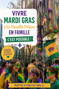 Famille profitant des festivités de Mardi Gras à la Nouvelle-Orléans, entourée de couleurs et de costumes.