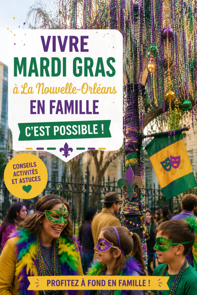 Famille profitant des festivités de Mardi Gras à la Nouvelle-Orléans, entourée de couleurs et de costumes.