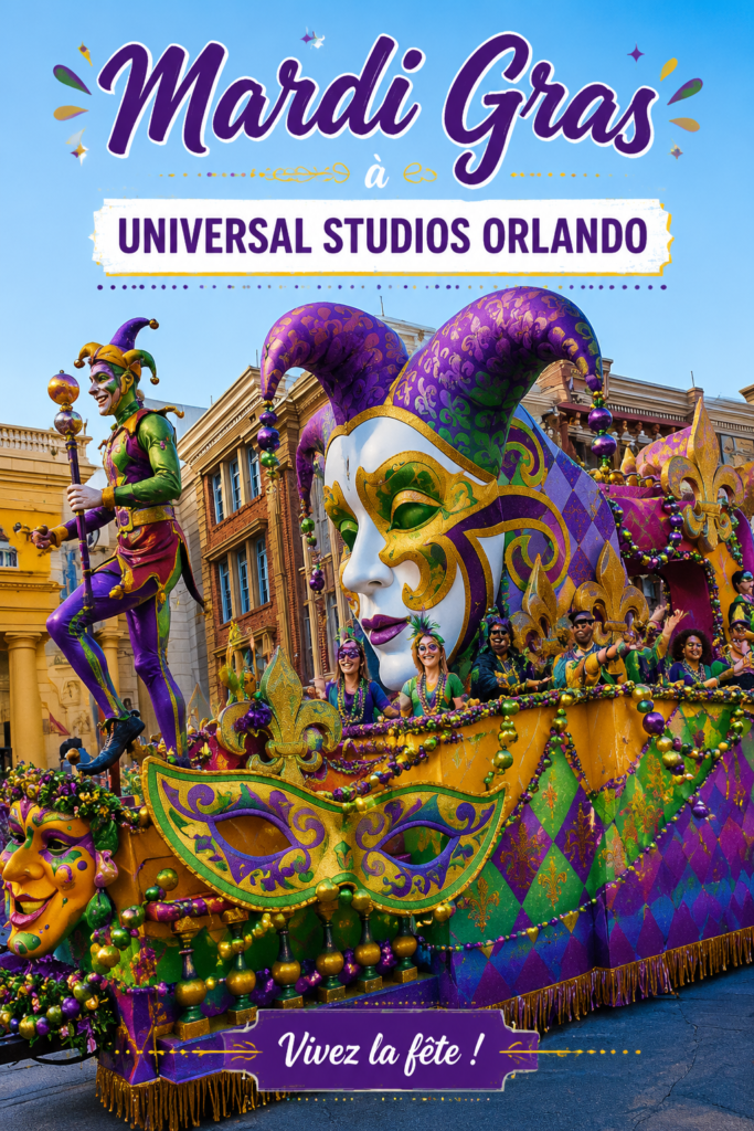 Foule festive à Universal Studios durant le Mardi Gras, avec des couleurs éclatantes et des artistes