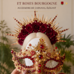 Masque de carnaval rouge et or avec roses sur un fond élégant