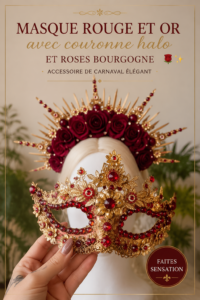 Masque de carnaval rouge et or avec roses sur un fond élégant