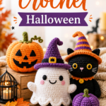 Modèle de crochet citrouille et fantôme pour Halloween, prêt à être décoré.