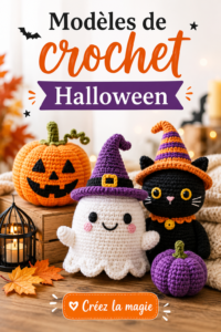 Modèle de crochet citrouille et fantôme pour Halloween, prêt à être décoré.