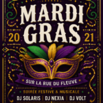Modèle de flyer festif pour un événement de Mardi Gras avec des couleurs vives et des motifs de carnaval