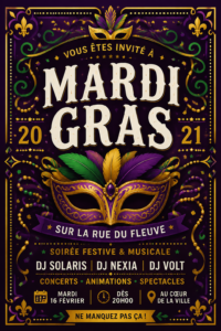 Modèle de flyer festif pour un événement de Mardi Gras avec des couleurs vives et des motifs de carnaval