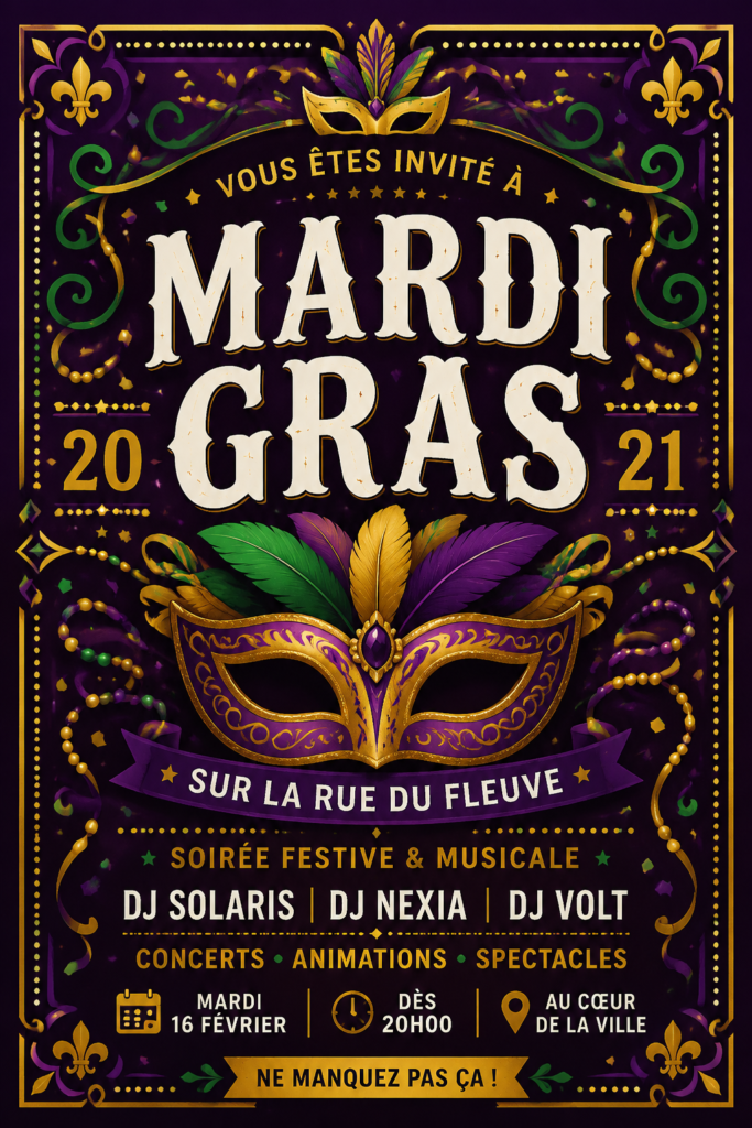 Modèle de flyer festif pour un événement de Mardi Gras avec des couleurs vives et des motifs de carnaval
