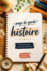 Exemple de page de garde d'histoire personnalisée avec des illustrations historiques.