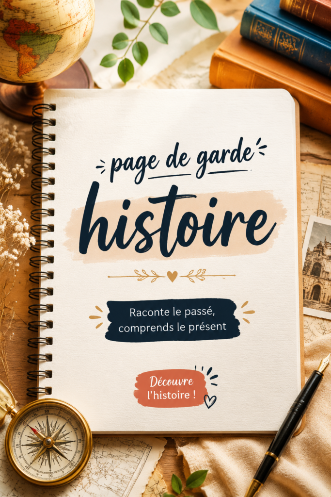 Exemple de page de garde d'histoire personnalisée avec des illustrations historiques.