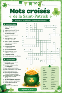 Mot croisés imprimable à thème Saint Patrick sur fond festif