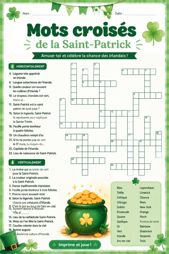 Mot croisés imprimable à thème Saint Patrick sur fond festif