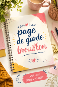 Exemple de page de garde brouillon colorée et personnalisée avec des illustrations.