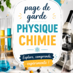 Page de garde décorée pour cahier de physique-chimie avec des illustrations scientifiques.