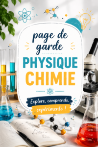 Page de garde décorée pour cahier de physique-chimie avec des illustrations scientifiques.