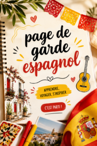 Page de garde colorée avec des motifs espagnols et le drapeau national.