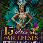 Une femme en costume coloré célébrant Mardi Gras avec des accessoires festifs.