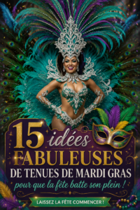 Une femme en costume coloré célébrant Mardi Gras avec des accessoires festifs.
