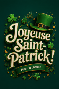 Typographie 3D colorée avec un chapeau de leprechaun pour la Saint-Patrick.